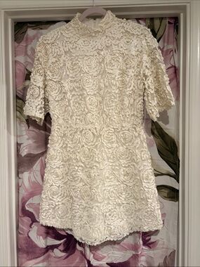 Ivory Floral Appliqué Mini Dress with High Neck